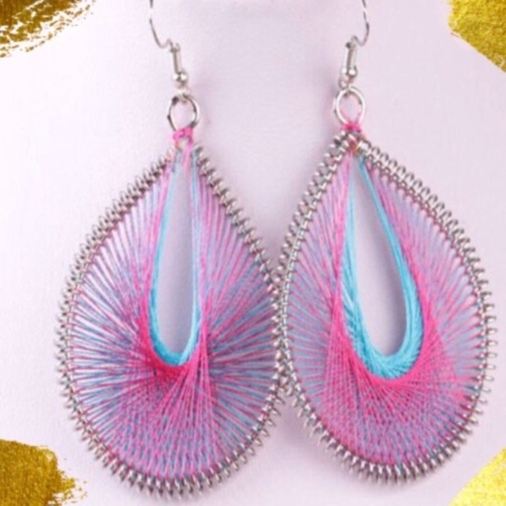 Bohemian Drop Earrings NWT Pink Blue Silver